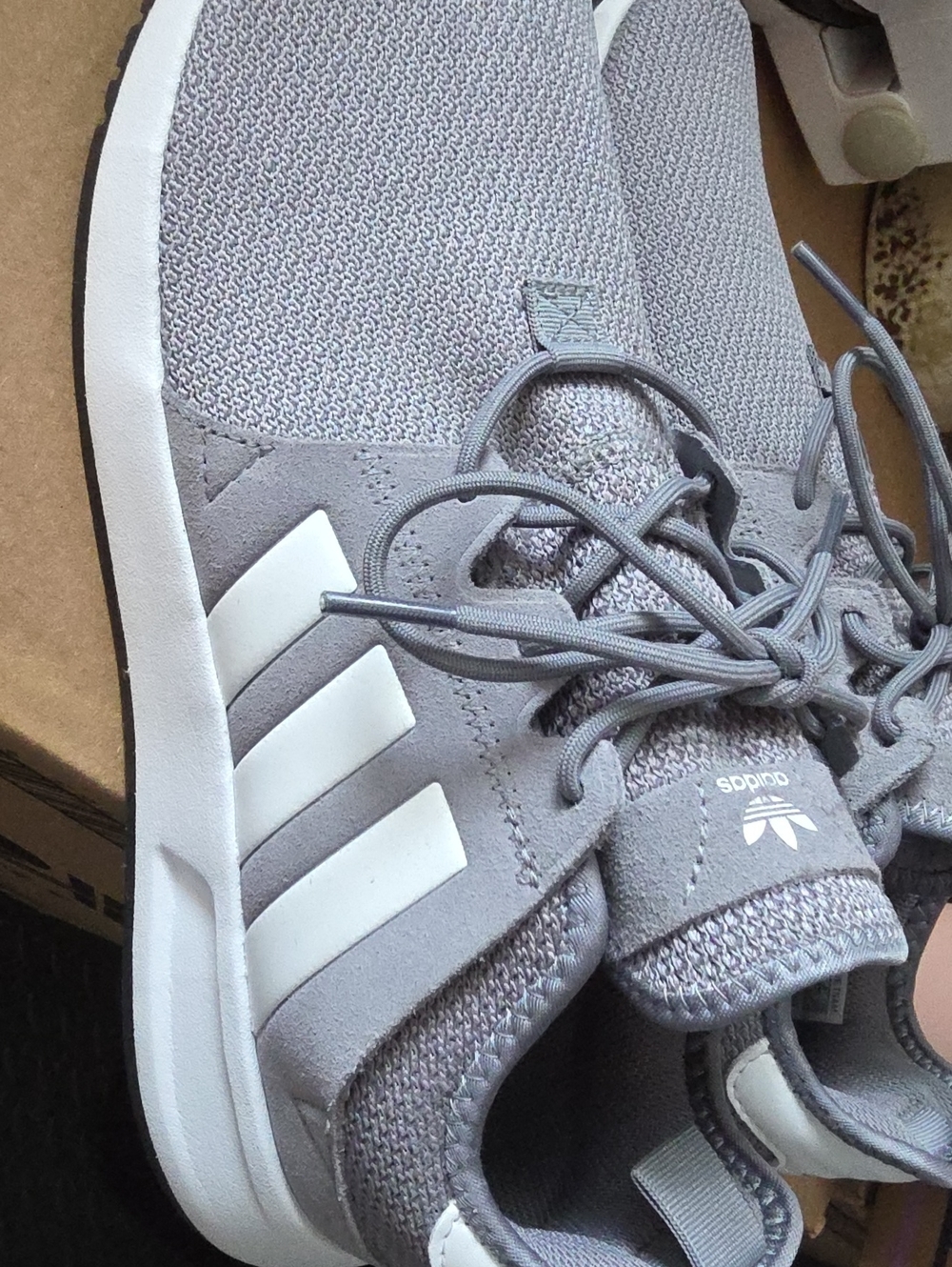 adidas Men’s Gray Knit Athletic Sneakers with White Stripes